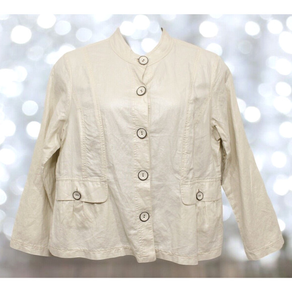 Chico's Jacket Blazer Linen Blend Mandarin Collar Metallic Ivory Women XL Office - Picture 1 of 13